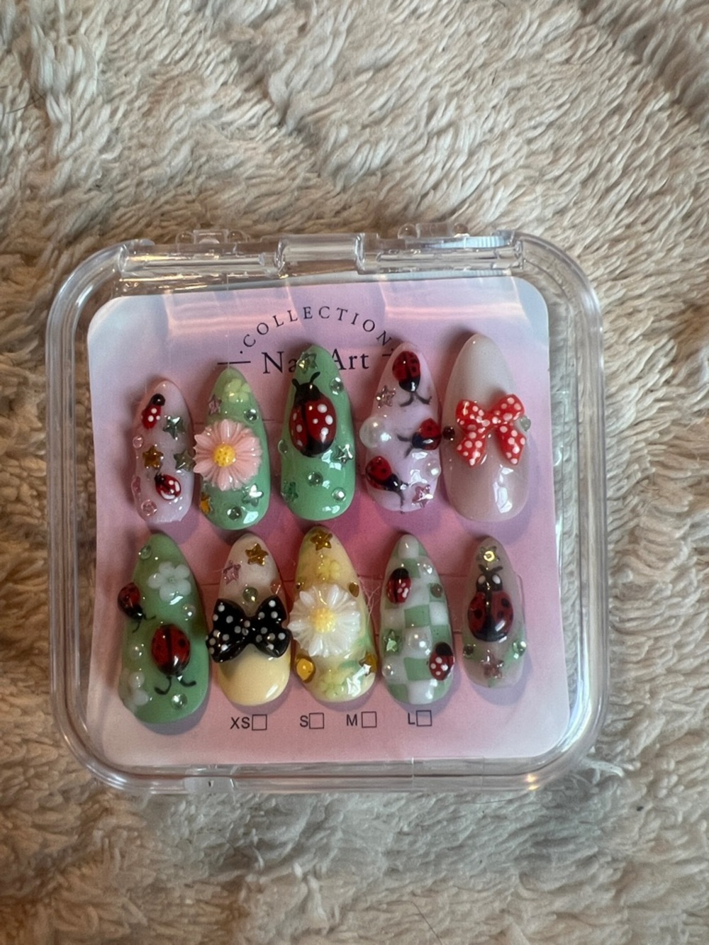 3D Ladybug Floral Press-On Nails - Green & Pink Set